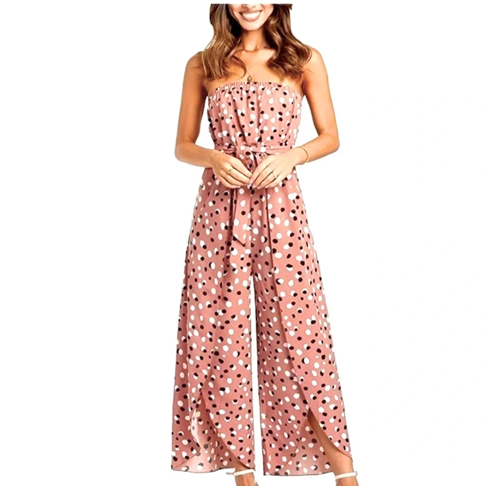 Pink Black Polka Dot Strapless Split Leg Jumpsuit Party S…
